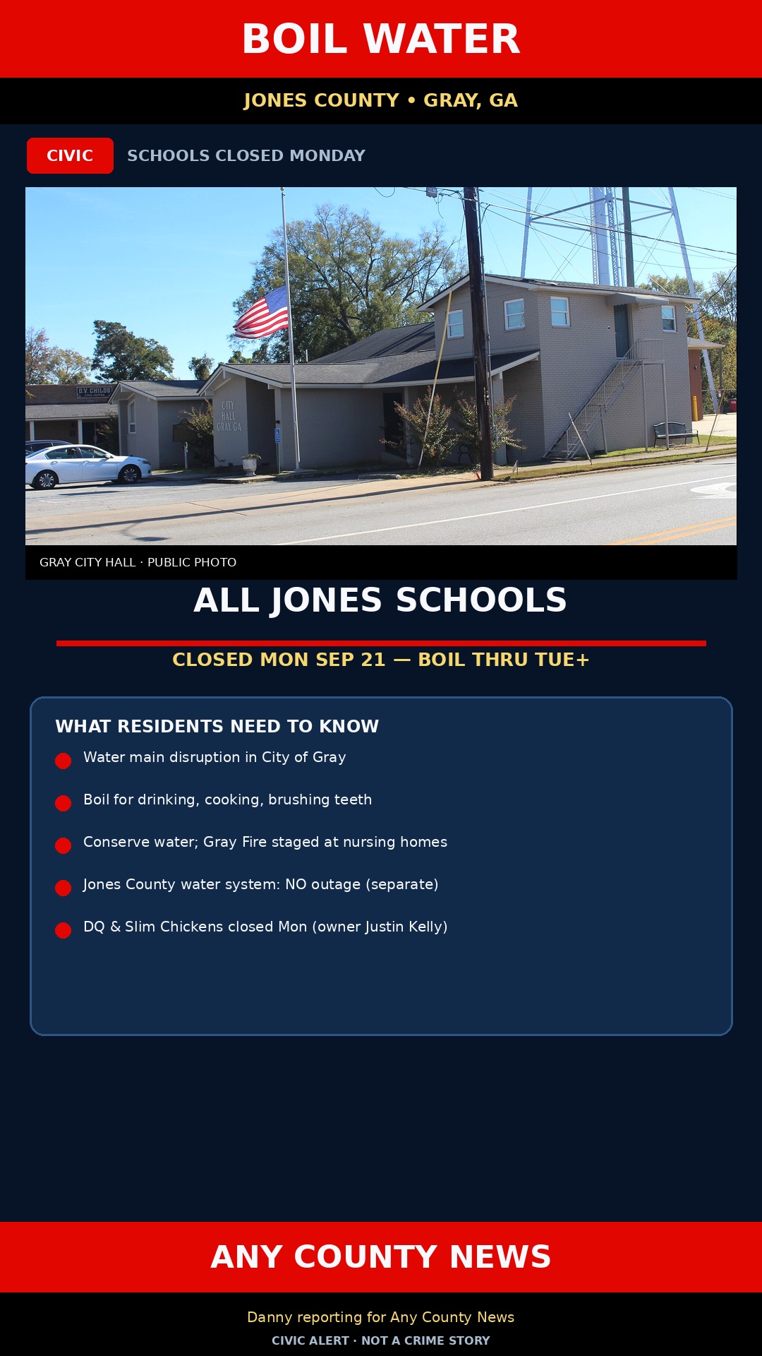 Gray — Schools closed Mon; boil water through at least Tue